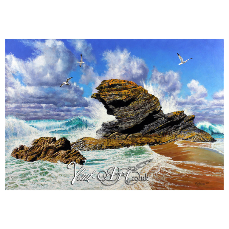 Carreg Bica in crashing waves